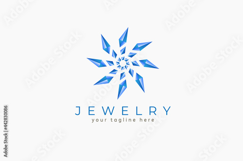 Jewelry Logo, pinwheel and diamond combination, jewel luster design logo template, vector illustration