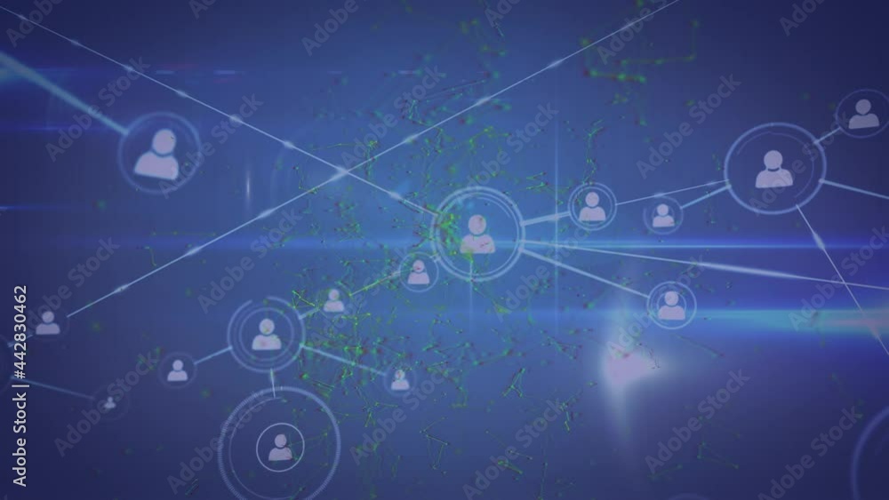 Animation of networks of connections with icons on blue background Animation of networks of connections with icons on blue background