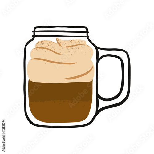 Hand drawn cafe elements iced dalgona coffee trendy fluffy whipped cream in jar