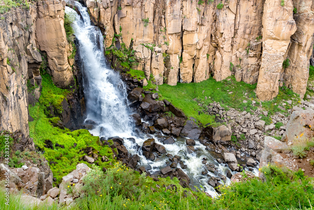 Fototapeta premium Waterfall in the wilderness with stunning rock cliffs and vibrant vegetation below.