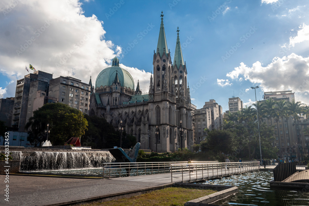 Fototapeta premium View of Se Metropolitan Cathedral in Sao Paulo, Brazil. Se Cathedral was constructed in 1913 in Neo Gothic Style.