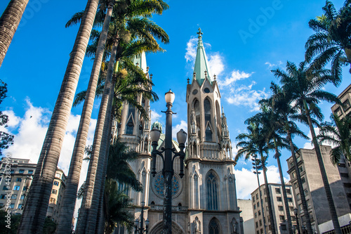 View of Se Metropolitan Cathedral in Sao Paulo, Brazil. Se Cathedral was constructed in 1913 in Neo Gothic Style.