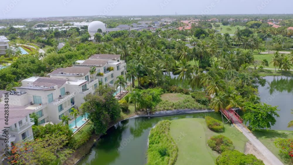 View from drone of Lake Village vacation resort at Punta Cana in Dominican Republic. Aerial View from drone of Lake Village vacation resort at Punta Cana in Dominican Republic. Aerial