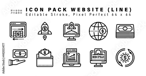 Icon Set of Website Line Icons. Contains such Icons as Money, Give Money, Pay Check, Stock Market etc. Editable Stroke. 64 x 64 Pixel Perfect