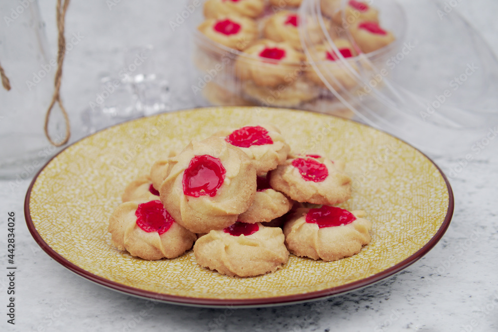 Malaysian Kuih Raya called Strawberry Butter Cookies. Popular kuih raya