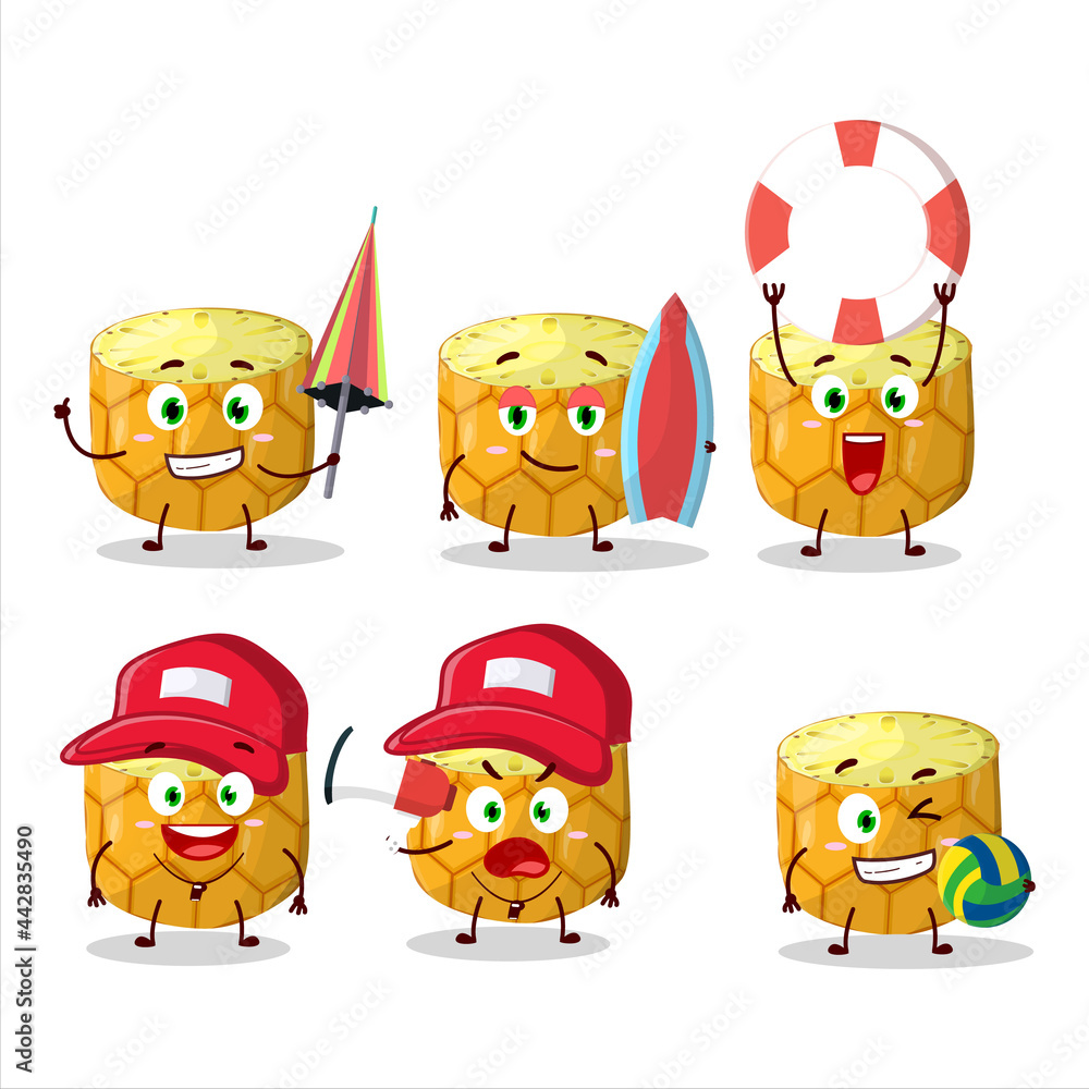 Happy Face slice of pineapple cartoon character playing on a beach Happy Face slice of pineapple cartoon character playing on a beach