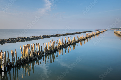 Bamboo sea wave protection fence wall with outdoor sun lighting and coast line.