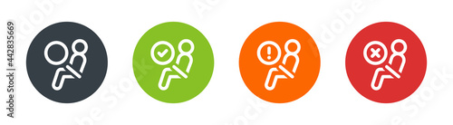 Passenger security icon set. Containing passenger, fasten seatbelt, airbag inflate symbol. Safety concept
