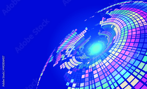 Colorful square composition illuminates a rotating abstract technology background