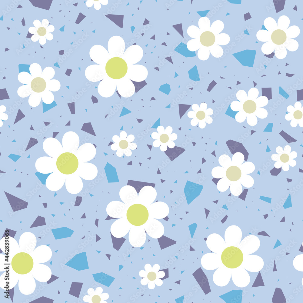 Chamomile seamless pattern. Abstract background with white daisies on blue. Pattern for textiles, fabrics, bed linen, wallpaper. Decorative print for design with chamomile and daisies. Vector