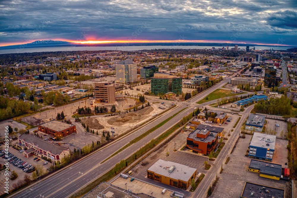 Aerial View of a Sunset over the Midtown Business District of Alaska