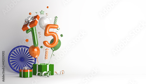 Happy Independence Day of India decoration background with 15 balloon number ashoka chakra, gift box, confetti, copy space text, 3D rendering illustration.