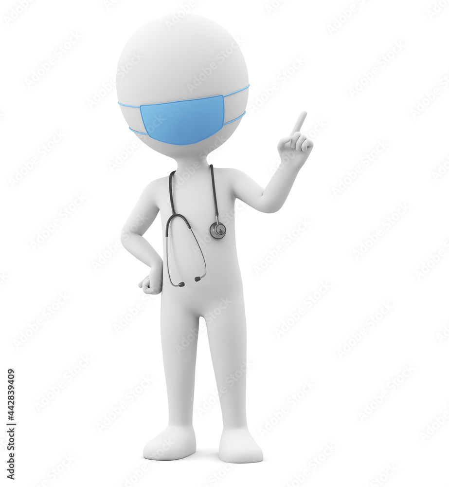 Cartoon character doctor in a blue mask points his finger at an empty spot. 3d render. Cartoon character doctor in a blue mask points his finger at an empty spot. 3d render.