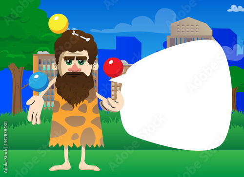 Cartoon prehistoric man as a juggler from the circus. Vector illustration of a man from the stone age.