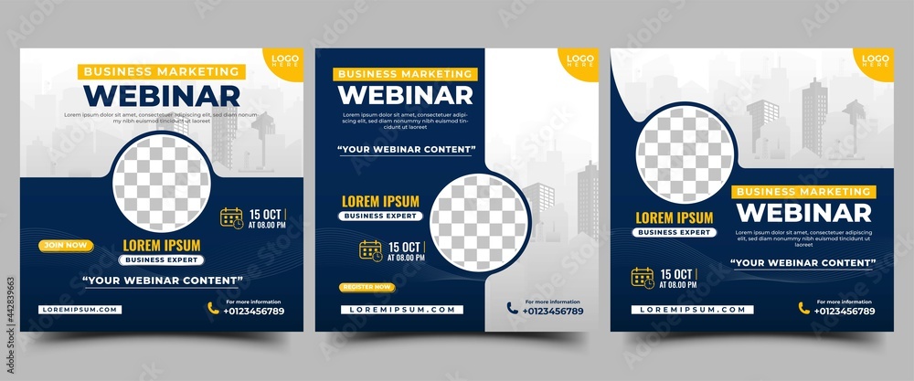 Business webinar conference social media post template collection. Modern square banner with city illustration and place for the photo. Usable for social media, banners, and websites. - obrazy, fototapety, plakaty 