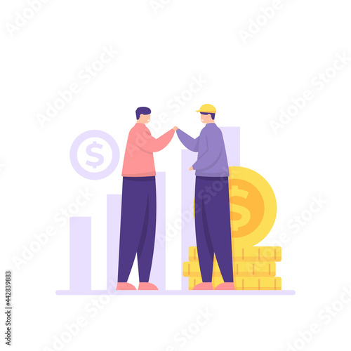 illustration of two people high-fived each other. build alliances. the concept of partnership executive, team work, establishing business relationships. increase income. flat cartoon style. vector
