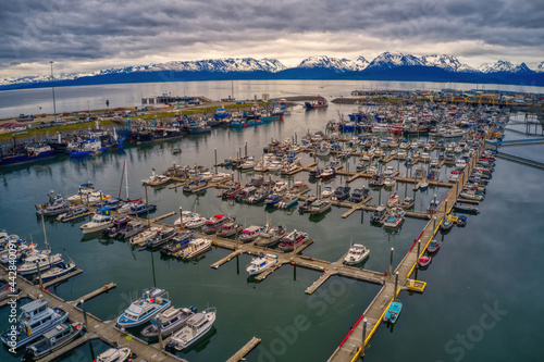 Aerial View of Boats and Shops at the Harbor in Homer, Alaska