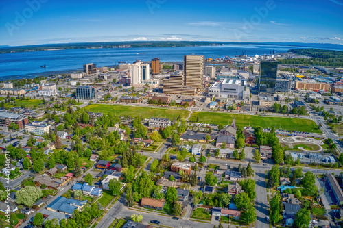 Tableau sur toile Aerial View of the downtown Anchorage, Alaska Skyline during Summer