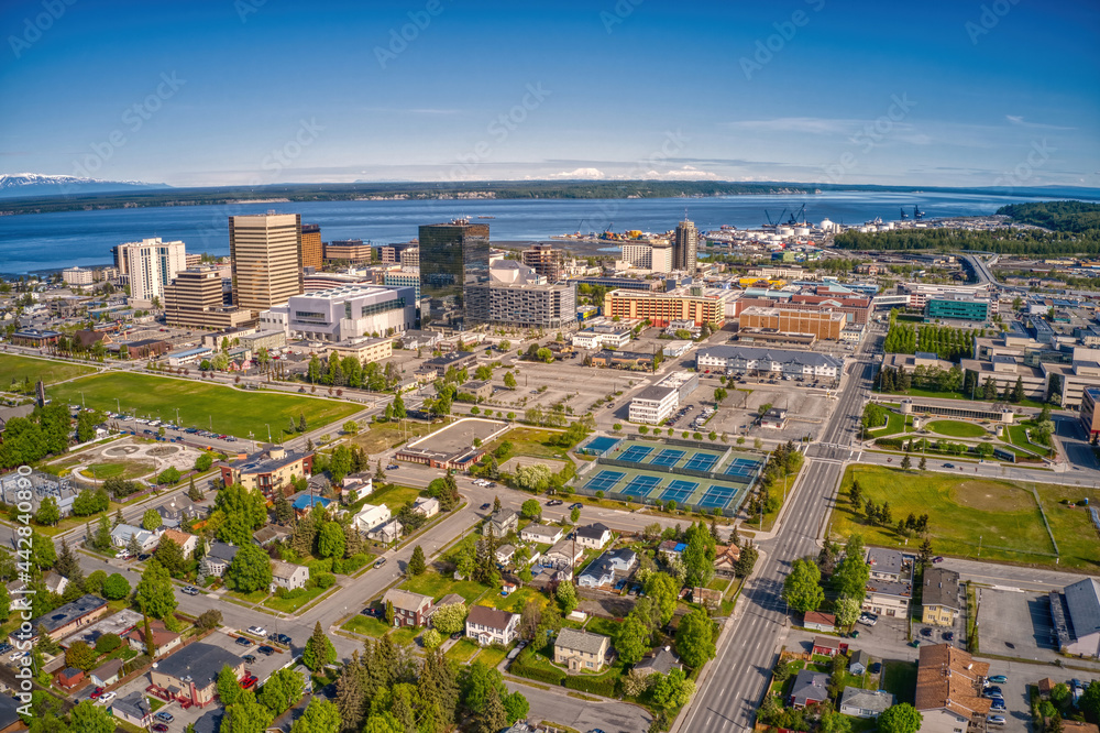 Aerial View of the downtown Anchorage, Alaska Skyline during Summer Aerial View of the downtown Anchorage, Alaska Skyline during Summer