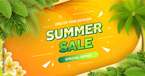 Summer sale gradient banner with tropical leaves
