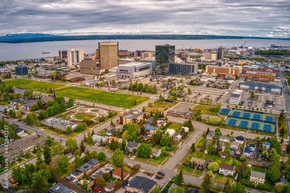 Aerial View Of The Downtown Anchorage Alaska Skyline During Summer Aerial View Of The Downtown Anchorage Alaska Skyline During Summer