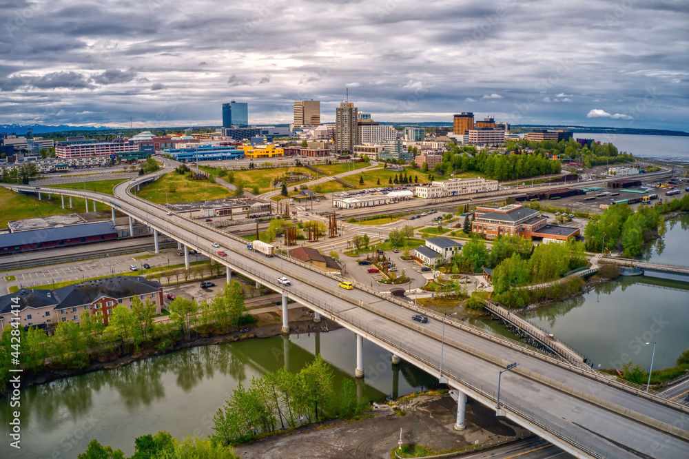 Fototapeta premium Aerial View of the downtown Anchorage, Alaska Skyline during Summer