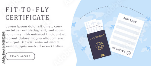Concept of Travelling with Fit to fly certificate. Pre-travel Covid-19 PCR test. A passport with airline boarding passes and document with Coronavirus testing. Vector banner template in flat style.