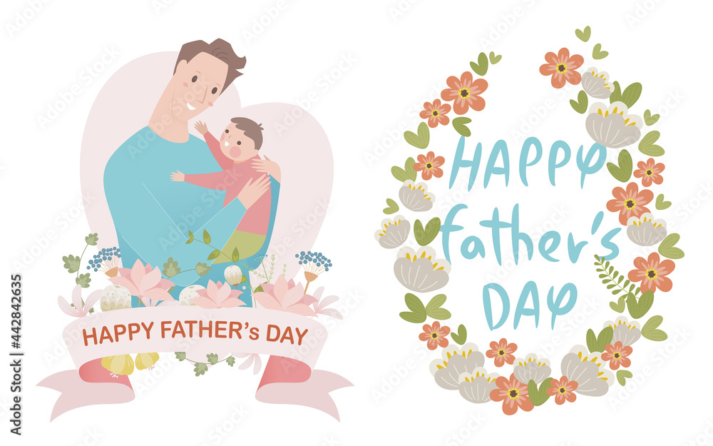 Text design decorated with flowers and dad character holding baby. Text design decorated with flowers and dad character holding baby.