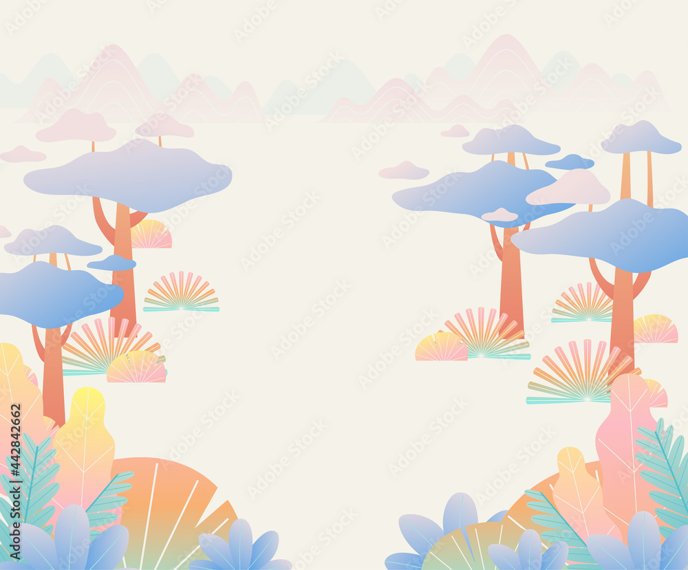 Naklejka premium Fantasy background with mysterious pine trees.