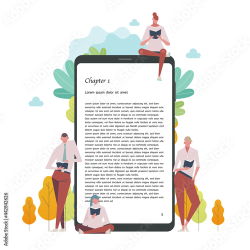 People are reading books leaning on giant digital e-book devices.