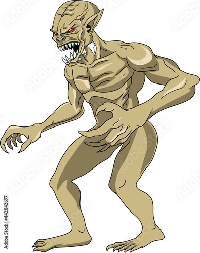 Aswang, an evil creature in Filipino folklore. A muscular ghoul in its true form. Cartoon style drawing.