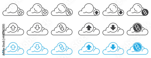 Set of cloud upload and cloud download line art vector icon for apps or website