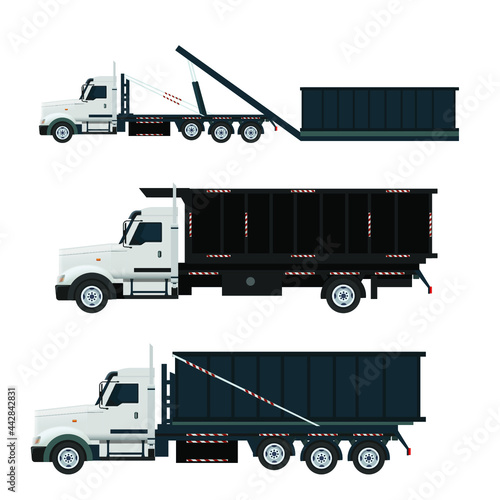 set of trucks, dumpster truck, big truck, trailer illustration