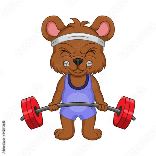 Funny little bear cartoon holding barbell