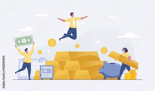 gold investment  in the financial successful concept. businessman wealth manager Traders or investors who get rich from gold. illustration  Vector