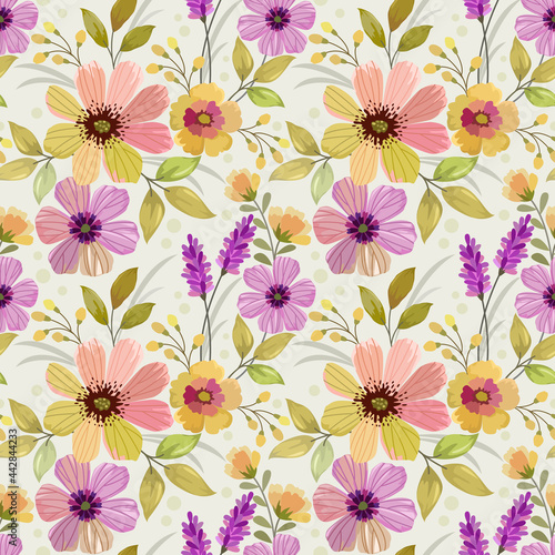 Colorful flowers in watercolor style seamless pattern.