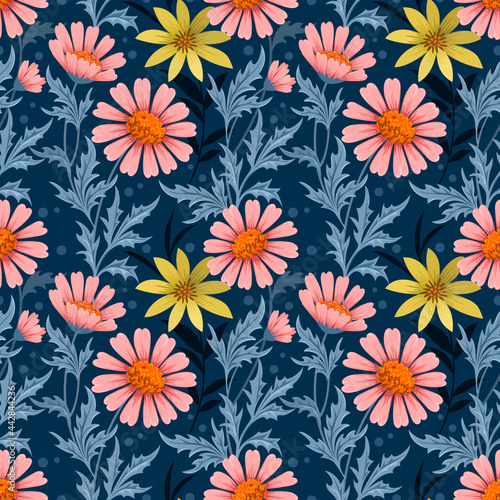 Colorful hand draw flowers on blue color seamless pattern for fabric textile wallpaper.