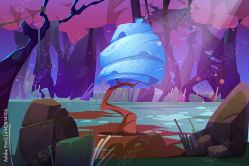 Fantasy landscape with huge mushroom in forest pond or swamp. Alien or magic unusual nature, computer game, fairy tale background. Beautiful strange glowing fungus plant, Cartoon vector illustration