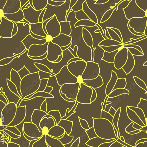 Seamless floral pattern. A linear hand drawing with flowers and leaves of magnolia. A yellow outline on a green background. Vector illustration