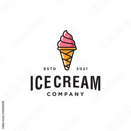 ice cream line art cartoon logo desgin vector Illustration in filled line style. cute ice cream scoop badge hipster logo icon in trendy cartoon line style 