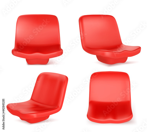 Stadium seats, red plastic chairs front and angle view. Equipment, place for visitors of outdoor competition or performance, design elements isolated on white background Realistic 3d vector mockup set