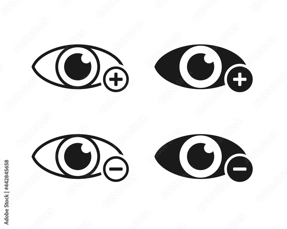 Human eye with plus and minus. Nearsighted and farsighted. Hyperopia and myopia. Vision problems. Illustration vector Human eye with plus and minus. Nearsighted and farsighted. Hyperopia and myopia. Vision problems. Illustration vector