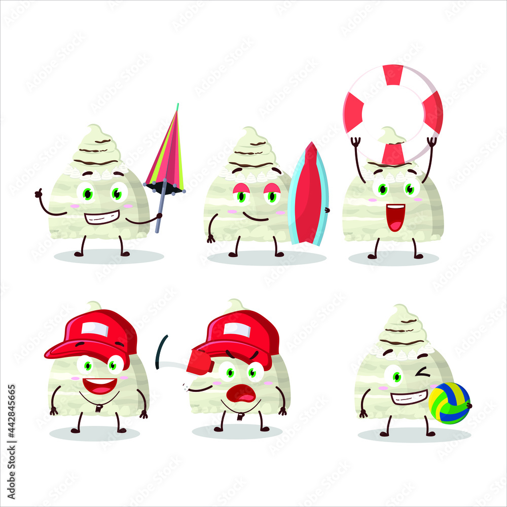 Happy Face vanilla ice cream scoops cartoon character playing on a beach. Vector illustration Happy Face vanilla ice cream scoops cartoon character playing on a beach. Vector illustration