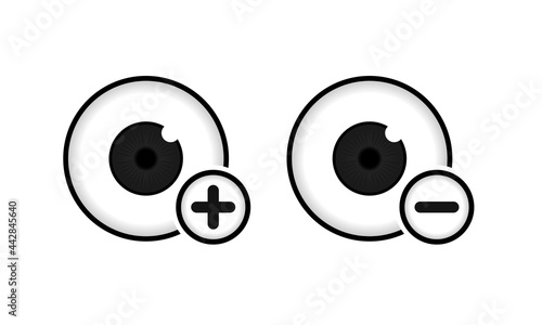 Human eye with plus and minus. Nearsighted and farsighted. Hyperopia and myopia. Illustration vector