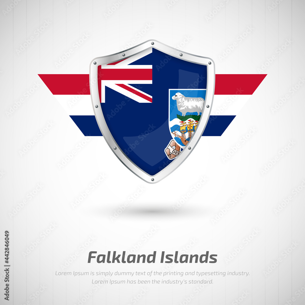 Elegant glossy shield for Falkland Islands country with happy liberation day greeting background Elegant glossy shield for Falkland Islands country with happy liberation day greeting background