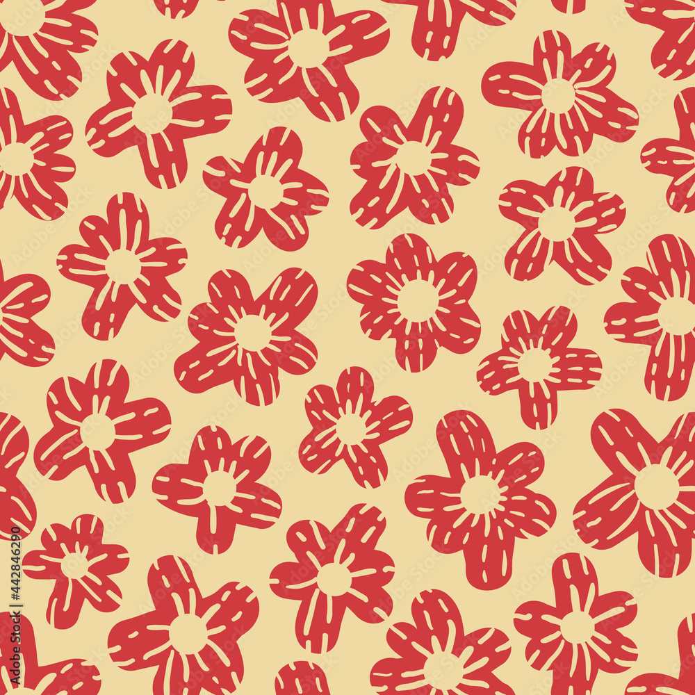 Vector red flowers stripes yellow repeat pattern