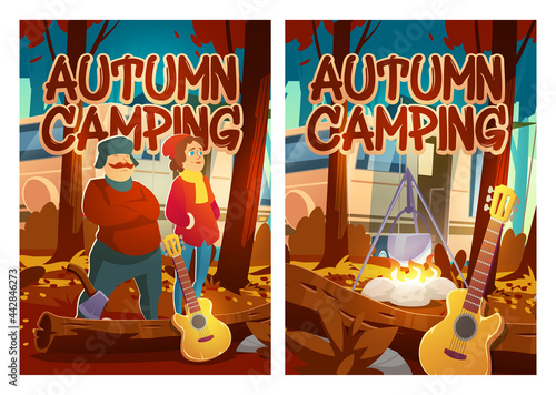 Autumn camping cartoon posters, man and woman tourists with rv caravan, campfire and guitar in fall forest camp landscape. Touristic family vacation, hiking or traveling activity, Vector illustration