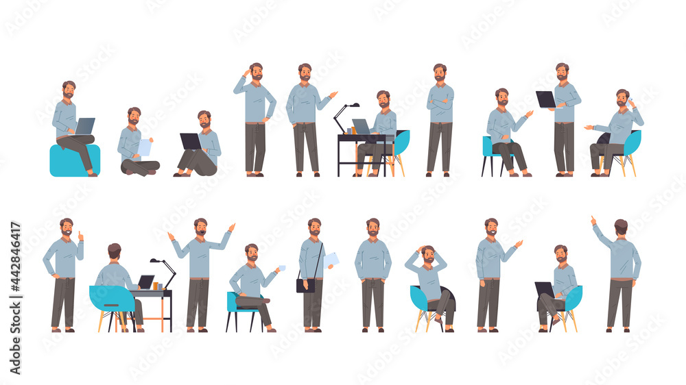 set businessman in different poses gesture emotions and body language concept - obrazy, fototapety, plakaty 