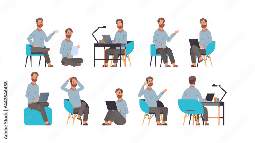 set businessman sitting in different poses gesture emotions and body language concept set businessman sitting in different poses gesture emotions and body language concept