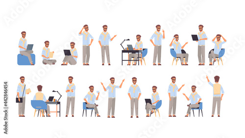 set businessman in different poses gesture emotions and body language concept